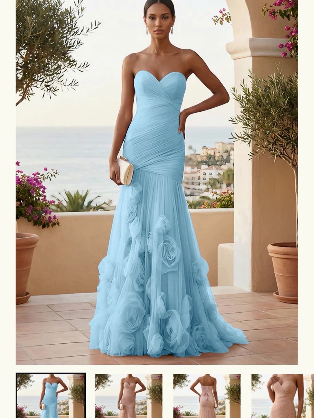 Strapless Light Blue Sweetheart Tulle Gown with Floral Appliqué